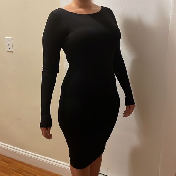 Naked wardrobe women’s black bodycon long sleeve midi dress back plunge v size s - Picture 3 of 12